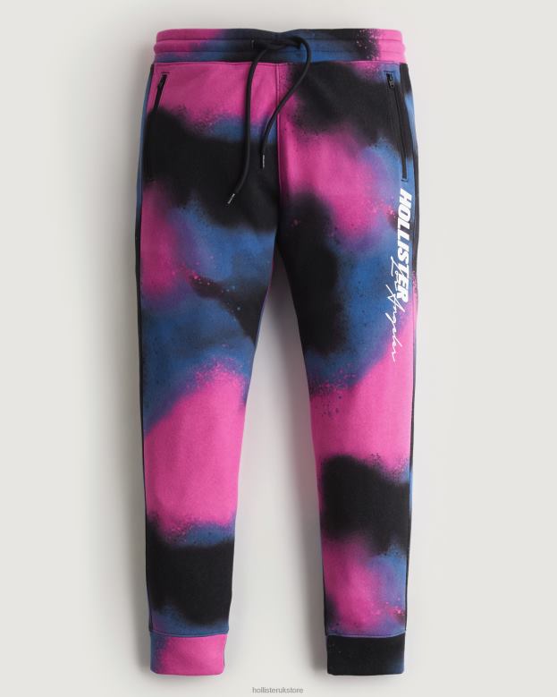 Bottoms Hollister Men Print Logo Fleece Jogger 488201367 Black With Pink And Blue Spray