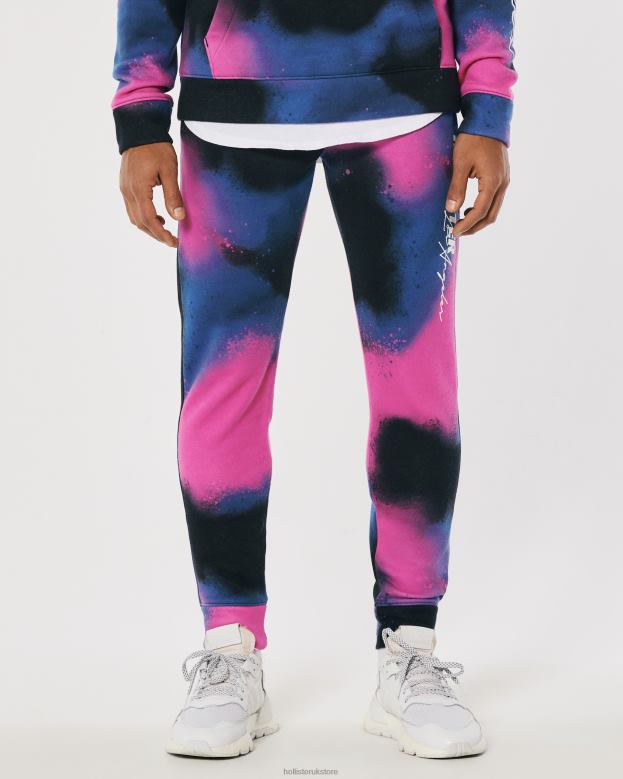 Bottoms Hollister Men Print Logo Fleece Jogger 488201367 Black With Pink And Blue Spray