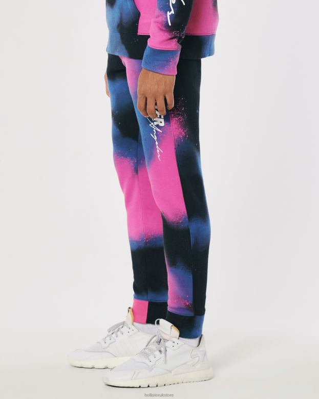 Bottoms Hollister Men Print Logo Fleece Jogger 488201367 Black With Pink And Blue Spray
