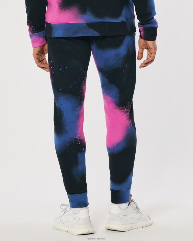 Bottoms Hollister Men Print Logo Fleece Jogger 488201367 Black With Pink And Blue Spray