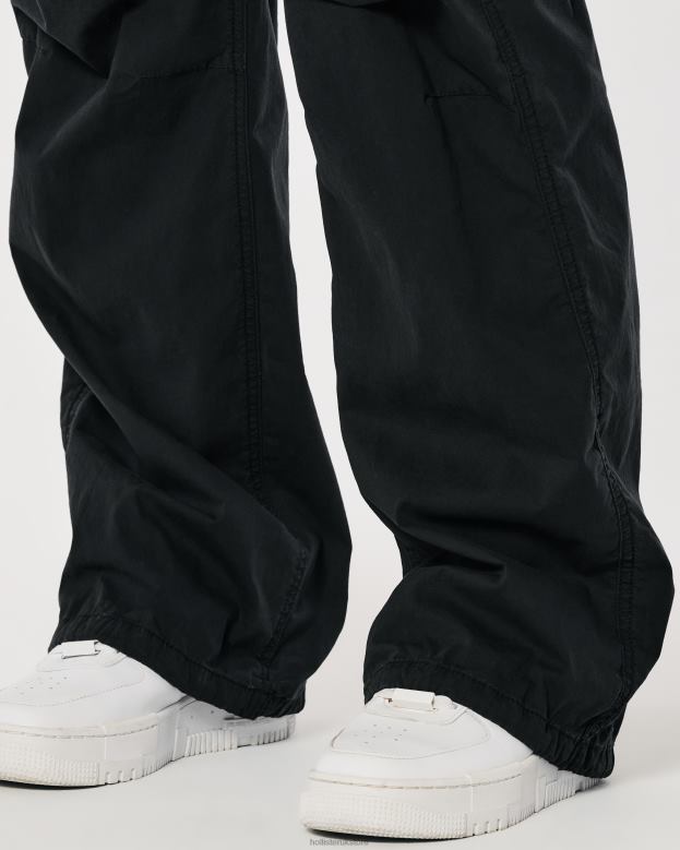 Bottoms Hollister Women Adjustable Rise Baggy Parachute Pants 48820552 Black