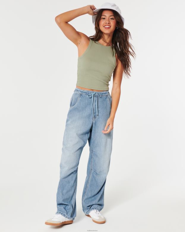 Bottoms Hollister Women Adjustable Rise Medium Wash Baggy Parachute Jeans 48820662 Medium Wash