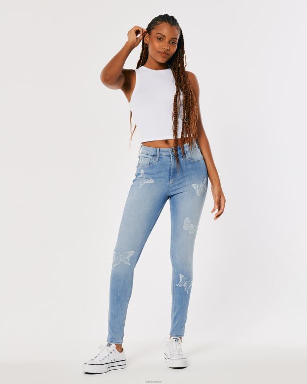 Bottoms Hollister Women Curvy High-Rise Medium Wash Butterfly Print Super Skinny Jeans 48820732 Medium Wash