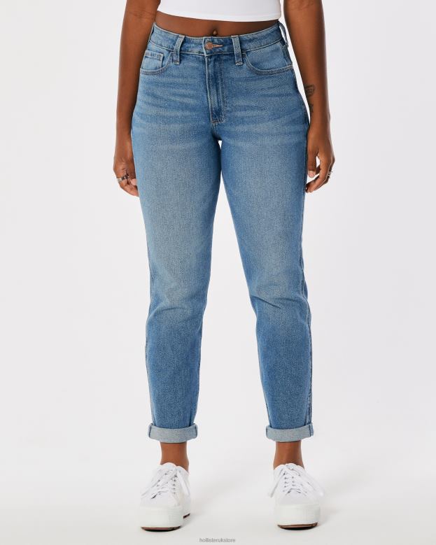 Bottoms Hollister Women Curvy High-Rise Medium Wash Mom Jeans 48820679 Medium Wash