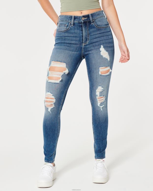 Bottoms Hollister Women Curvy High-Rise Ripped Medium Wash Super Skinny Jeans 48820561 Medium Ripped Wash