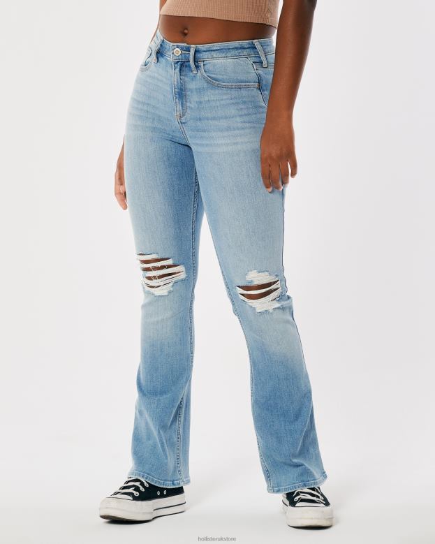Bottoms Hollister Women Curvy Mid-Rise Ripped Light Wash Boot Jeans 48820620 Light Ripped Wash