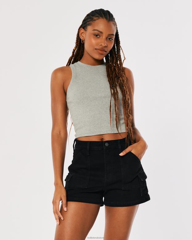 Bottoms Hollister Women Curvy Ultra High-Rise Black Denim Cargo Mom Shorts 48820562 Black