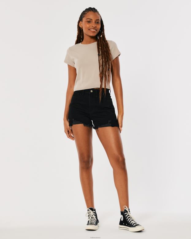 Bottoms Hollister Women Curvy Ultra High-Rise Distressed Black Denim Mom Shorts 48820582 Black Ripped