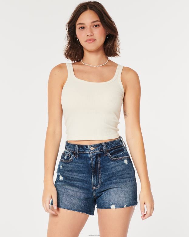 Bottoms Hollister Women Curvy Ultra High-Rise Distressed Dark Wash Denim Mom Shorts 48820624 Rinse