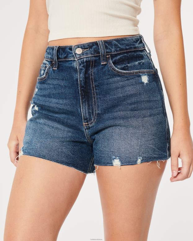 Bottoms Hollister Women Curvy Ultra High-Rise Distressed Dark Wash Denim Mom Shorts 48820624 Rinse