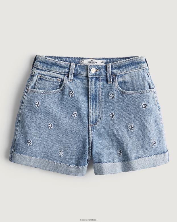 Bottoms Hollister Women Curvy Ultra High-Rise Light Wash Embroidered Denim Mom Shorts 48820558 Light Medium Wash