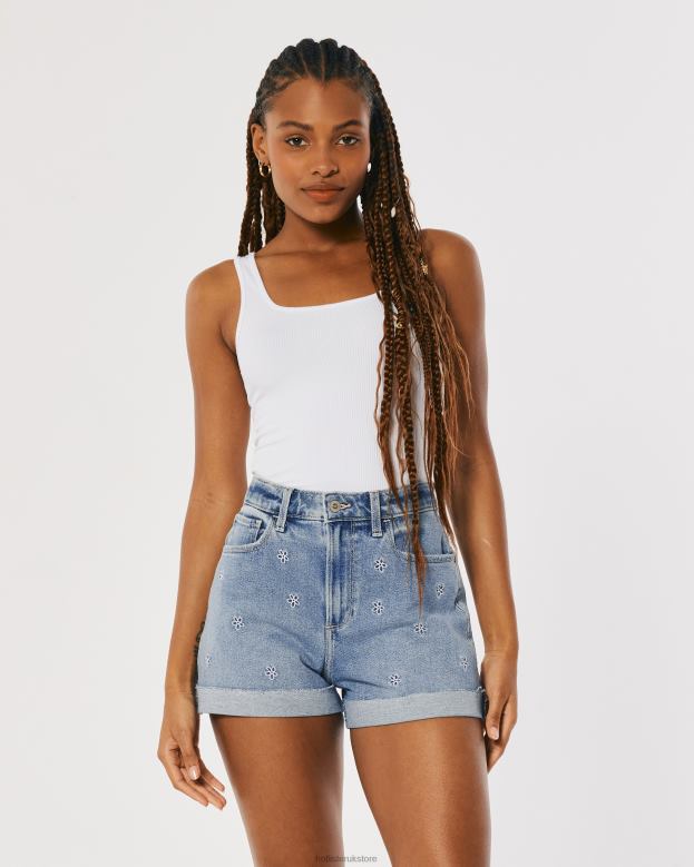 Bottoms Hollister Women Curvy Ultra High-Rise Light Wash Embroidered Denim Mom Shorts 48820558 Light Medium Wash