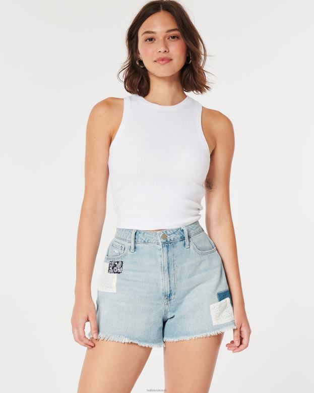 Bottoms Hollister Women Curvy Ultra High-Rise Light Wash Patchwork Denim Mom Shorts 48820540 Light Wash