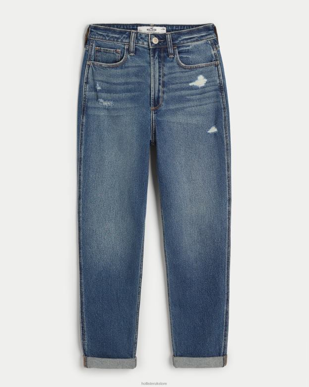 Bottoms Hollister Women Curvy Ultra High-Rise Ripped Dark Wash Mom Jeans 48820539 Medium Ripped Wash