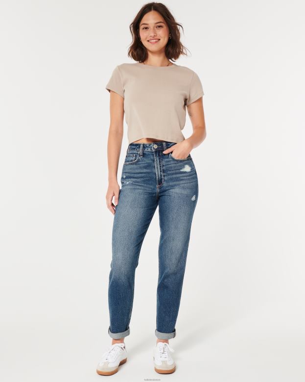 Bottoms Hollister Women Curvy Ultra High-Rise Ripped Dark Wash Mom Jeans 48820539 Medium Ripped Wash