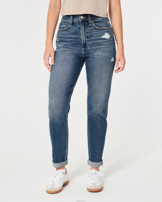 Bottoms Hollister Women Curvy Ultra High-Rise Ripped Dark Wash Mom Jeans 48820539 Medium Ripped Wash