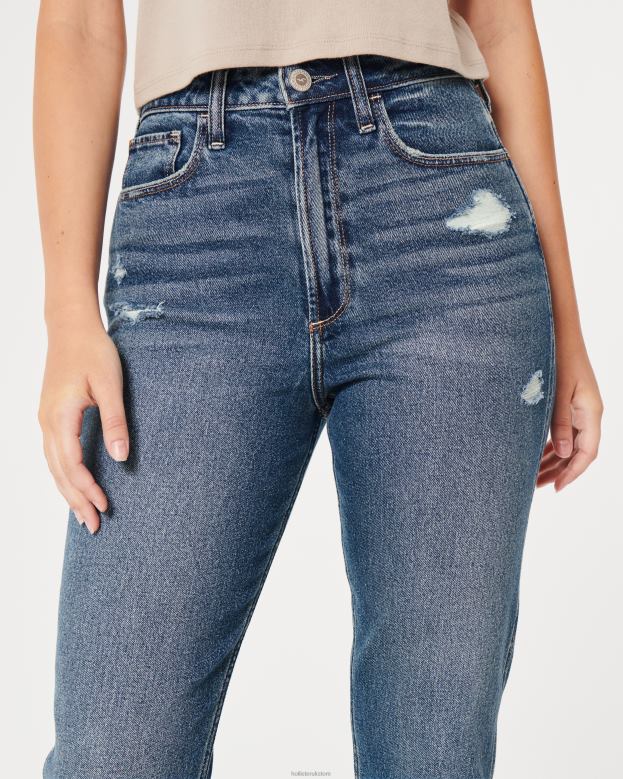 Bottoms Hollister Women Curvy Ultra High-Rise Ripped Dark Wash Mom Jeans 48820539 Medium Ripped Wash
