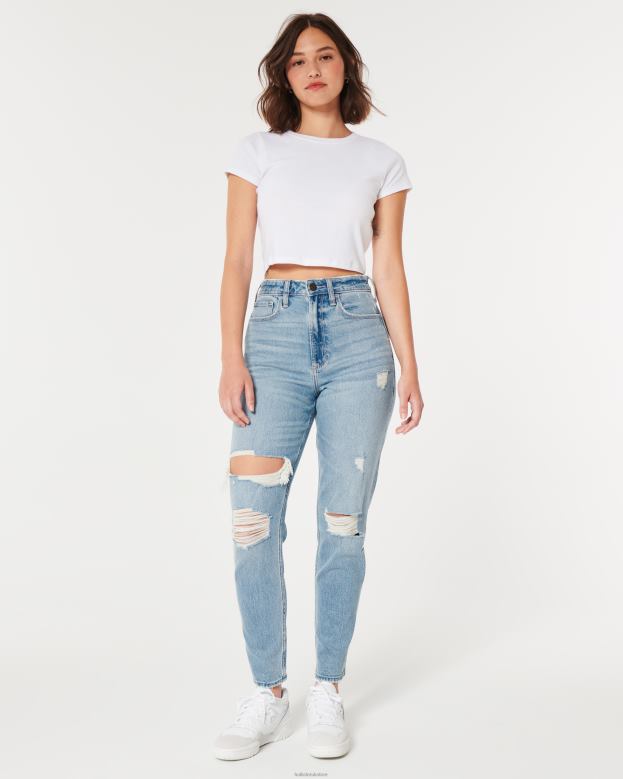 Bottoms Hollister Women Curvy Ultra High-Rise Ripped Medium Wash Mom Jeans 48820515 Light Medium Ripped Wash