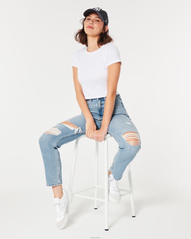 Bottoms Hollister Women Curvy Ultra High-Rise Ripped Medium Wash Mom Jeans 48820515 Light Medium Ripped Wash