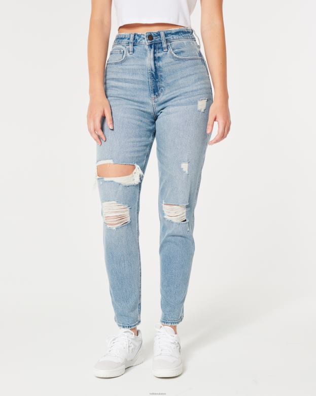 Bottoms Hollister Women Curvy Ultra High-Rise Ripped Medium Wash Mom Jeans 48820515 Light Medium Ripped Wash
