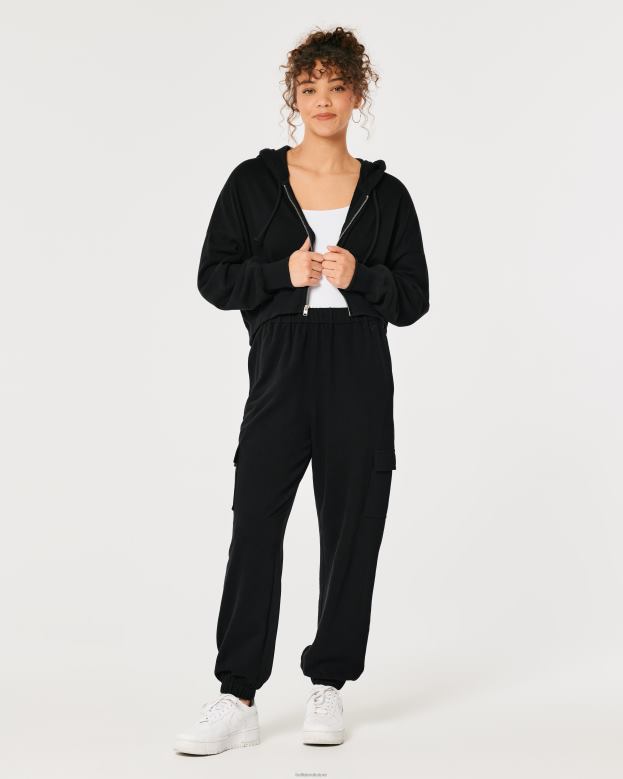 Bottoms Hollister Women Feel Good Adjustable Rise Cargo Fleece Dad Joggers 48820688 Black