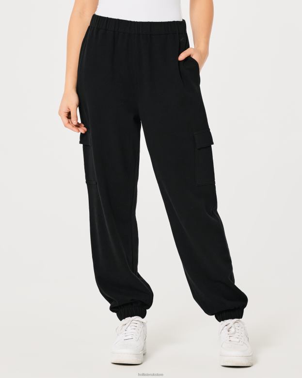 Bottoms Hollister Women Feel Good Adjustable Rise Cargo Fleece Dad Joggers 48820688 Black