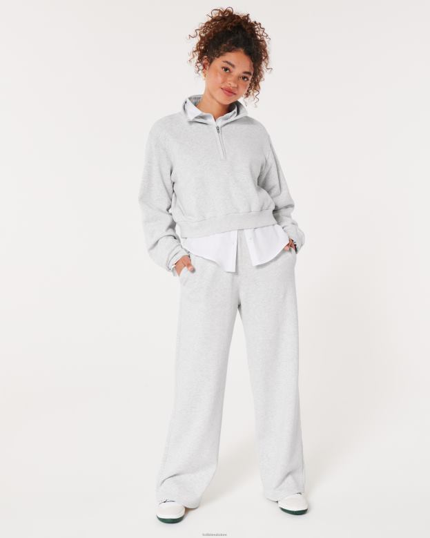 Bottoms Hollister Women Feel Good Ultra High-Rise Fleece Wide-Leg Pants 48820491 Light Heather Grey