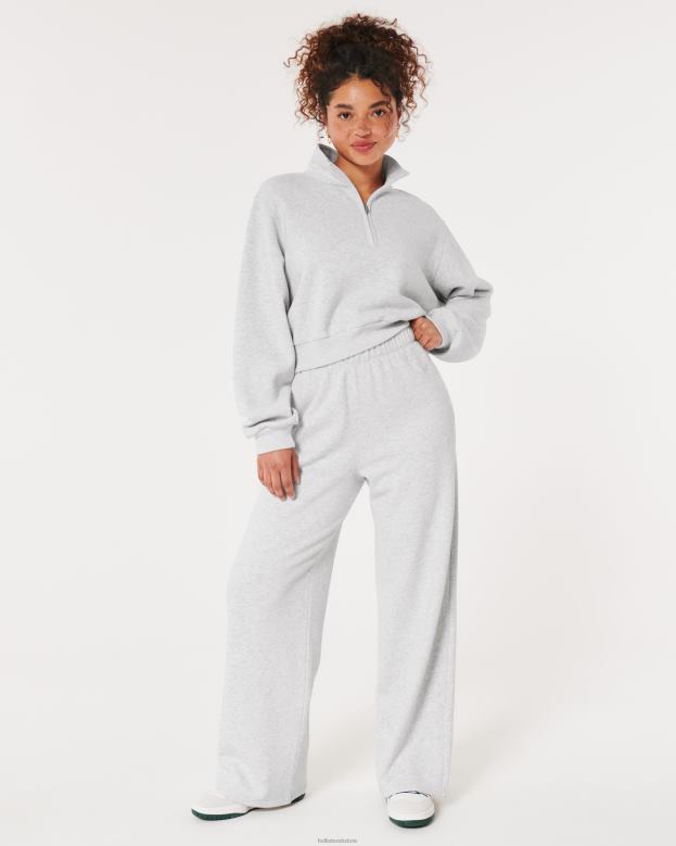 Bottoms Hollister Women Feel Good Ultra High-Rise Fleece Wide-Leg Pants 48820491 Light Heather Grey