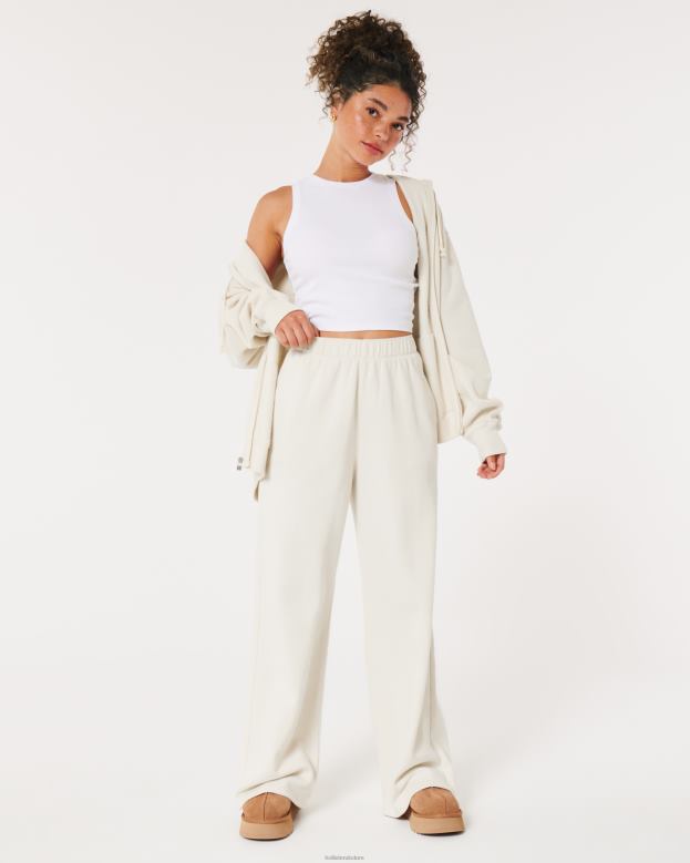 Bottoms Hollister Women Feel Good Ultra High-Rise Fleece Wide-Leg Pants 48820494 Cream