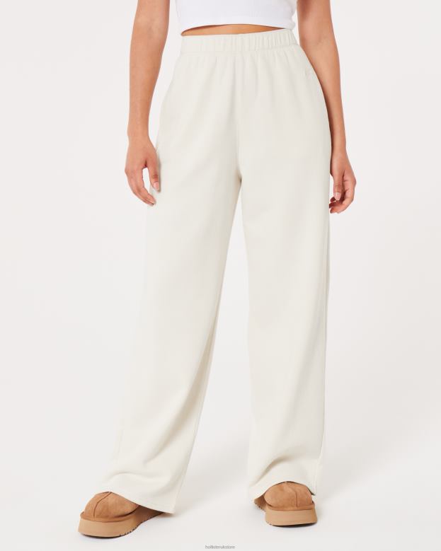 Bottoms Hollister Women Feel Good Ultra High-Rise Fleece Wide-Leg Pants 48820494 Cream