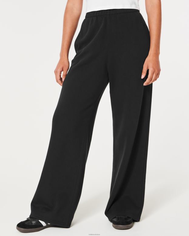 Bottoms Hollister Women Feel Good Ultra High-Rise Fleece Wide-Leg Pants 48820514 Black