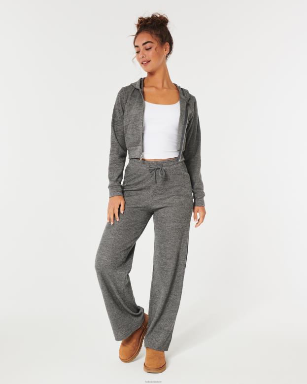 Bottoms Hollister Women Gilly Hicks Cozy Micro-Waffle Wide-Leg Pants 48820785 Dark Heather Grey