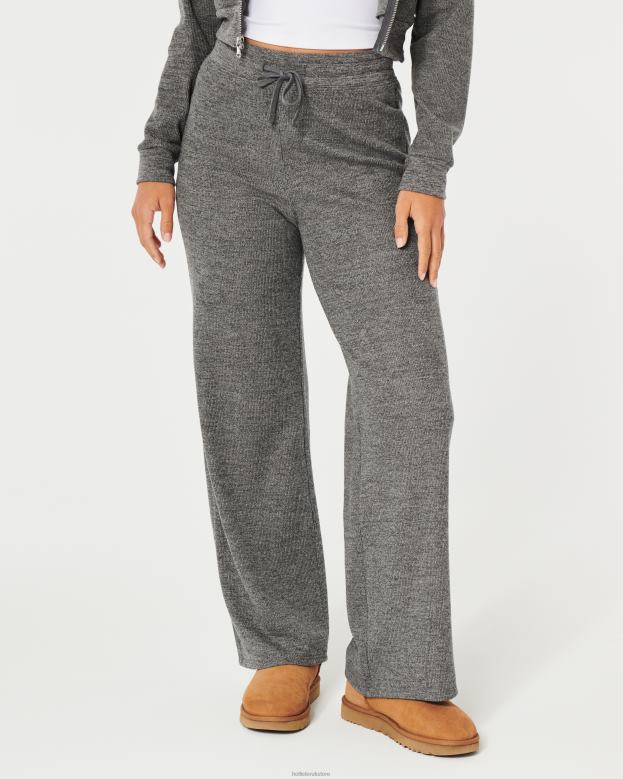 Bottoms Hollister Women Gilly Hicks Cozy Micro-Waffle Wide-Leg Pants 48820785 Dark Heather Grey