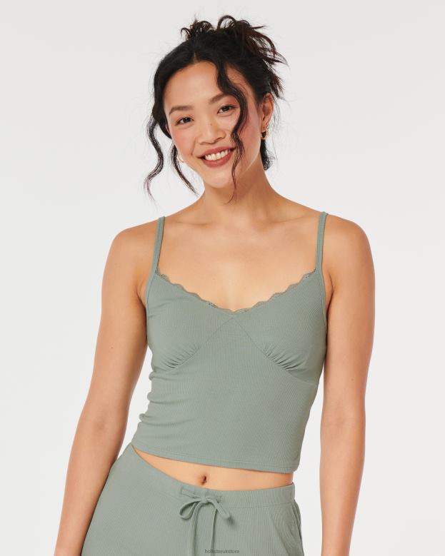 Bottoms Hollister Women Gilly Hicks Jersey Ribbed Lace Trim Sleep Tank 48820101 Light Green