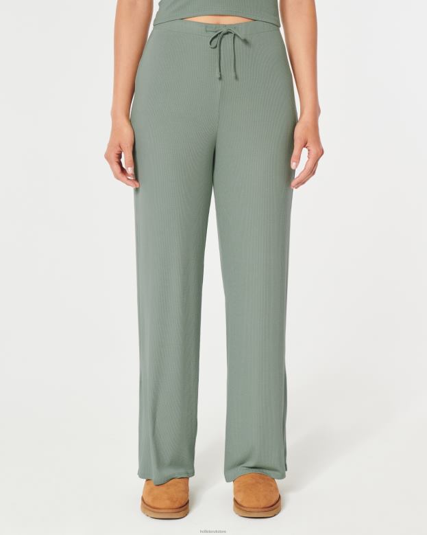 Bottoms Hollister Women Gilly Hicks Jersey Ribbed Wide-Leg Sleep Pants 48820709 Light Green