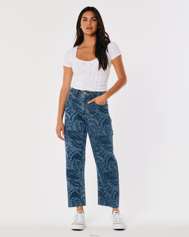 Bottoms Hollister Women High-Rise Dark Wash Butterfly Print Barrel Jeans 48820699 Dark Print