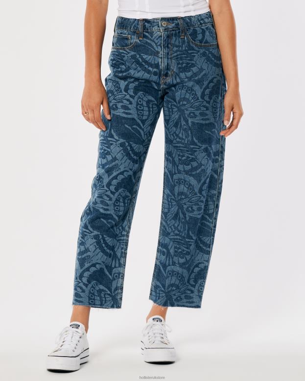 Bottoms Hollister Women High-Rise Dark Wash Butterfly Print Barrel Jeans 48820699 Dark Print