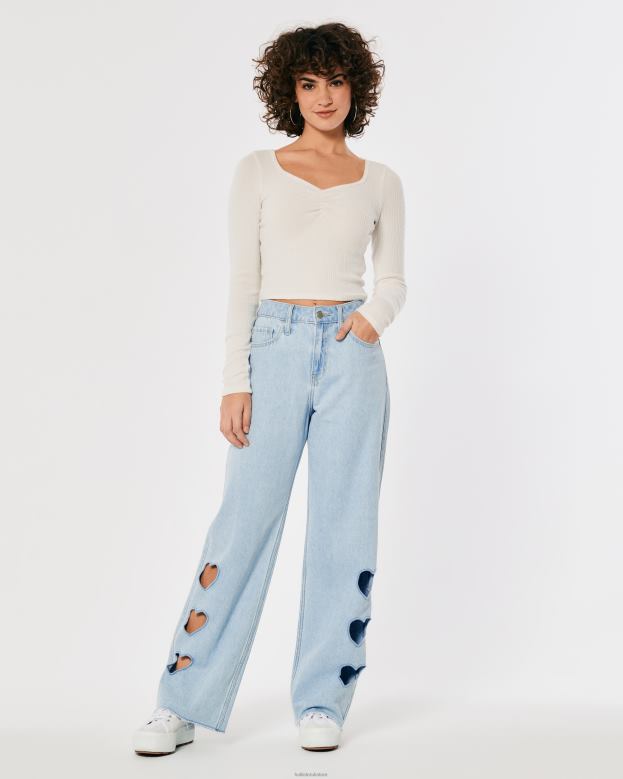 Bottoms Hollister Women High-Rise Light Wash Cutout Baggy Jeans 48820665 Light Wash