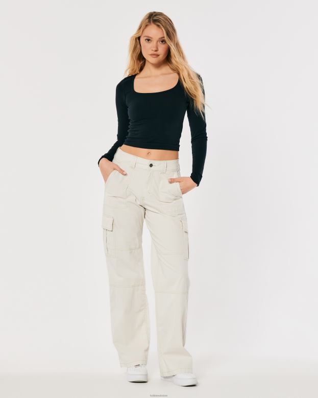 Bottoms Hollister Women High-Rise Poplin Baggy Cargo Pants 48820465 Cream
