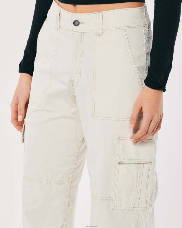 Bottoms Hollister Women High-Rise Poplin Baggy Cargo Pants 48820465 Cream