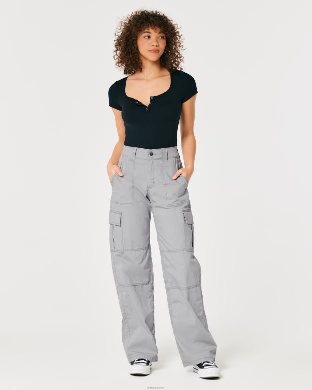 Bottoms Hollister Women High-Rise Poplin Baggy Cargo Pants 48820569 Grey
