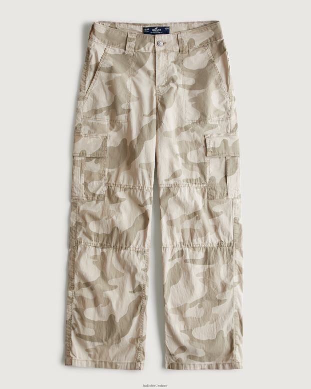 Bottoms Hollister Women High-Rise Poplin Baggy Cargo Pants 48820581 Cream Camo