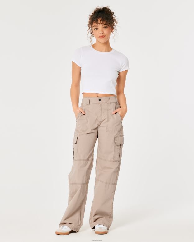 Bottoms Hollister Women High-Rise Poplin Baggy Cargo Pants 48820674 Khaki