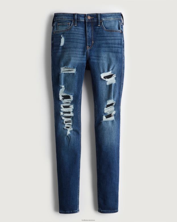 Bottoms Hollister Women High-Rise Ripped Dark Wash Super Skinny Jeans 48820599 Dark Destroy