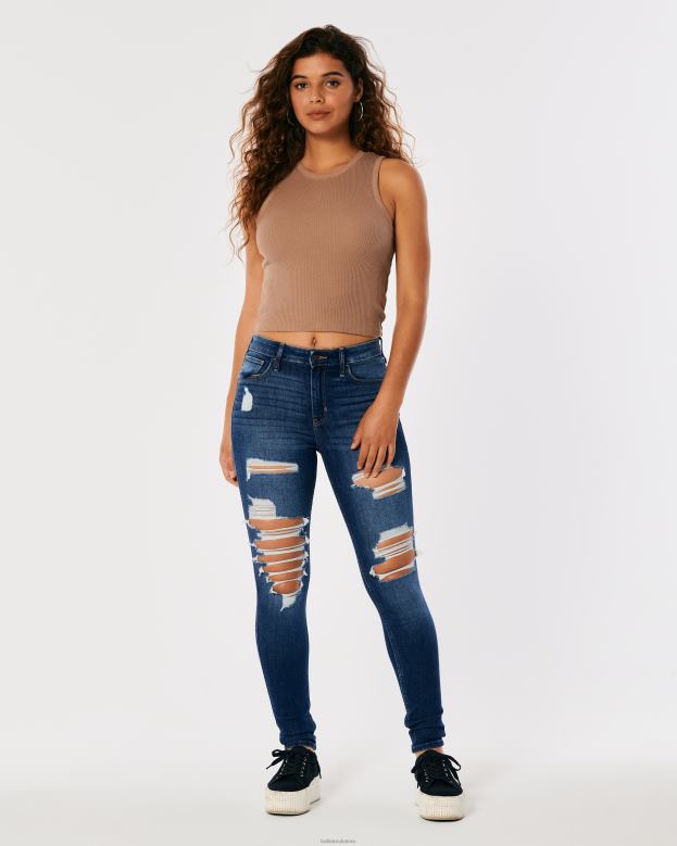Bottoms Hollister Women High-Rise Ripped Dark Wash Super Skinny Jeans 48820599 Dark Destroy