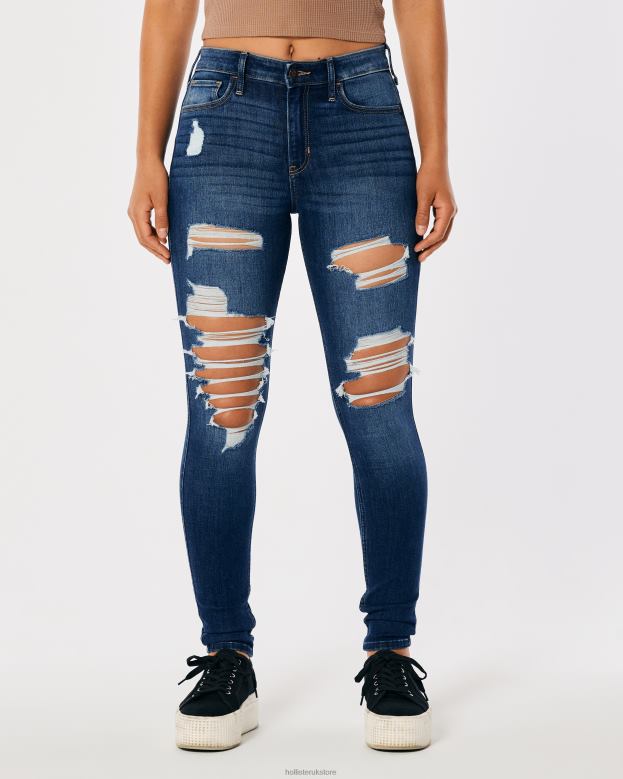 Bottoms Hollister Women High-Rise Ripped Dark Wash Super Skinny Jeans 48820599 Dark Destroy