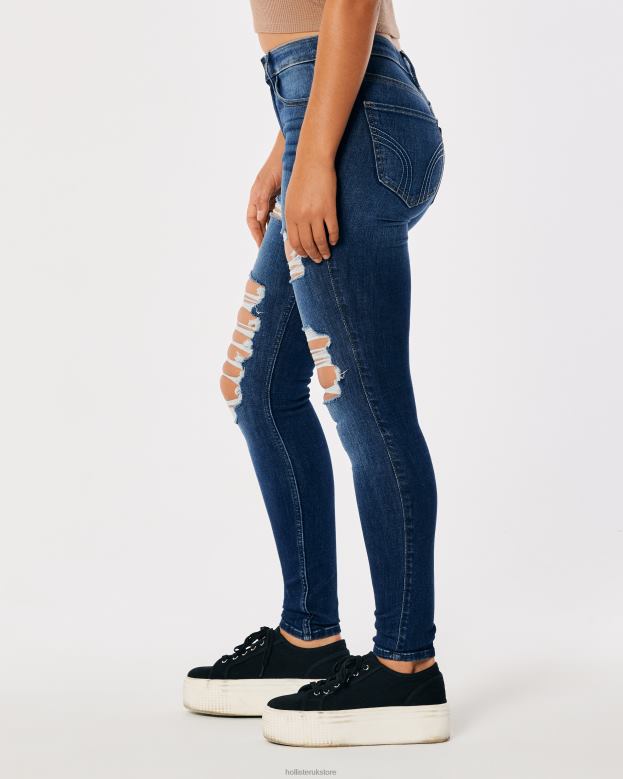 Bottoms Hollister Women High-Rise Ripped Dark Wash Super Skinny Jeans 48820599 Dark Destroy
