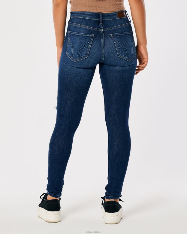 Bottoms Hollister Women High-Rise Ripped Dark Wash Super Skinny Jeans 48820599 Dark Destroy