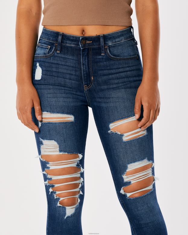 Bottoms Hollister Women High-Rise Ripped Dark Wash Super Skinny Jeans 48820599 Dark Destroy