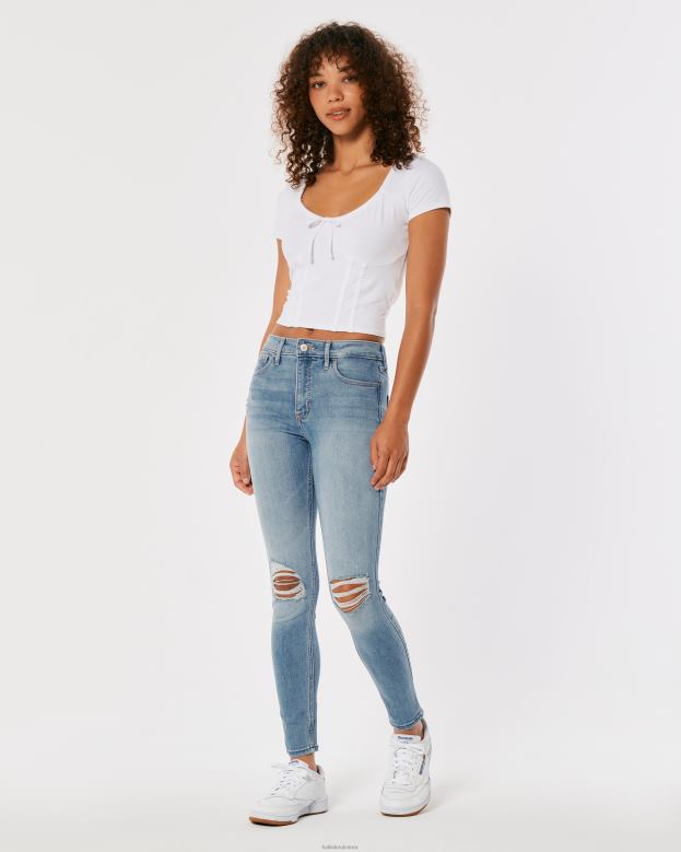 Bottoms Hollister Women High-Rise Ripped Light Wash Super Skinny Jeans 48820701 Light Destroy